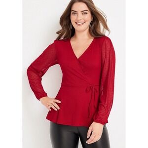 Maurices Red Dot Mesh Sleeves Wrap Top Perfect For Christmas‎ & Holidays Size 2x